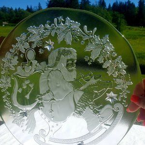 Glass Frosted Santa Rocking Horse Hostess Platter 14" freeform edges tray
